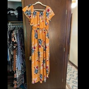 Yellow floral off shoulder maxi dress!